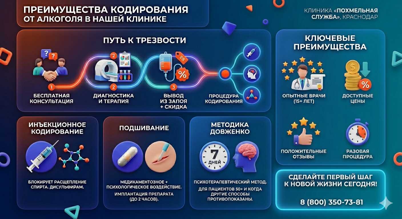 Инфографика о методах кодирования от алкоголя в Свердловске: инъекции, подшивание, метод Довженко. Преимущества клиники и этапы лечения.