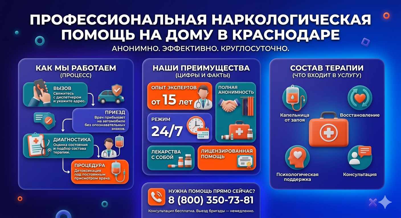 Инфографика о принципах лечения алкоголизма на дому в Свердловске: этапы вызова нарколога, преимущества анонимной детоксикации и состав медицинской помощи.